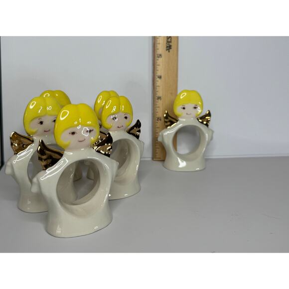 1970s Standing Ceramic Angel Napkin Rings Set of 6 - Picture 5 of 9